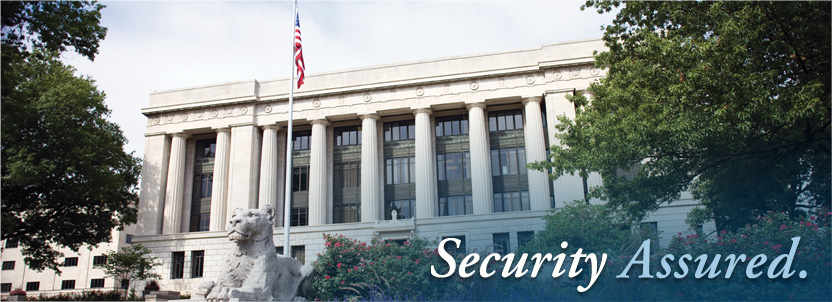 Kansas City Life Insurance Building with Lion Statue and American Flag; Text says: Security Assured.